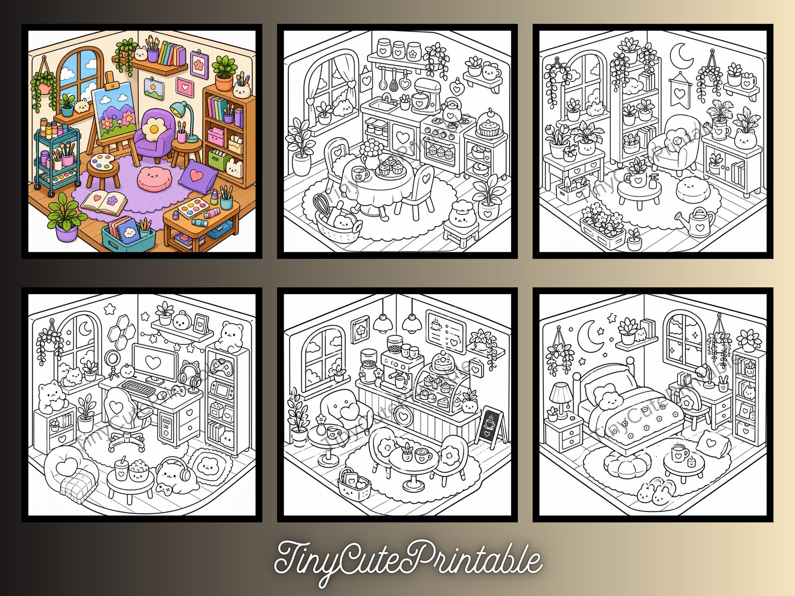 CuteLearner printable Cozy Hygge Room Coloring Book, Miniature Kawaii Scenes, Relaxing PDF (Instant Download) — Coloring Books — preview 2